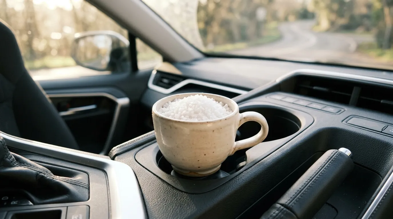 A cup of white table salt sitting securely in a car cup holder