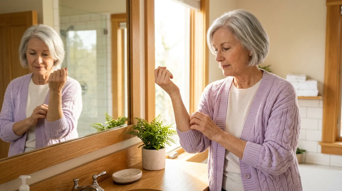 A calm older woman with silver hair gently examining her forearm in a well-lit bathroom.