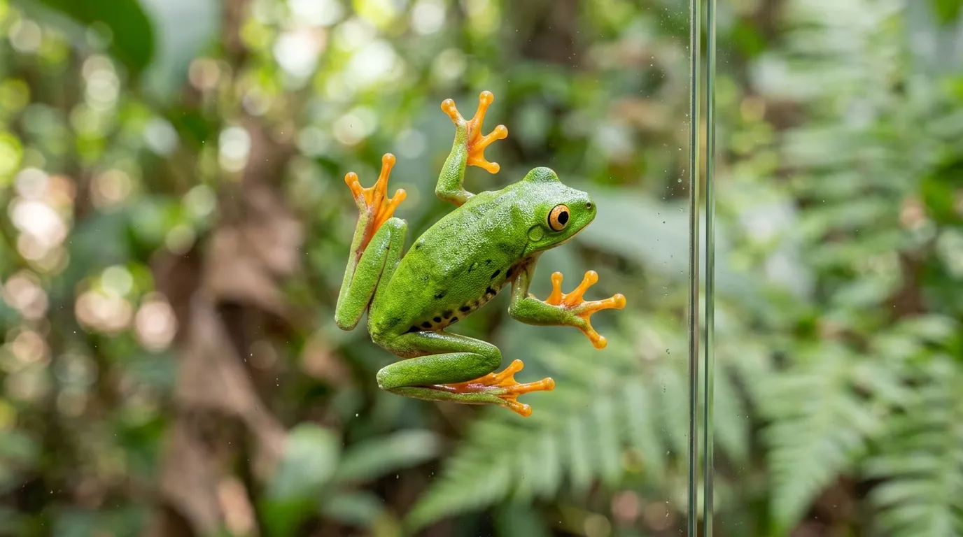 A tiny green tree frog clinging to a glass surface