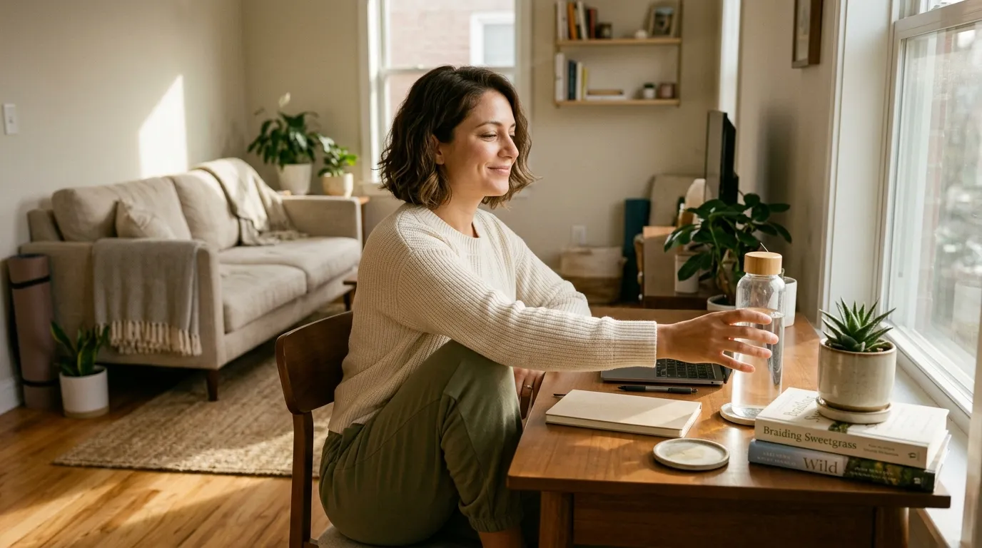 A person smiling and reaching for a water bottle during their daily wellness routine