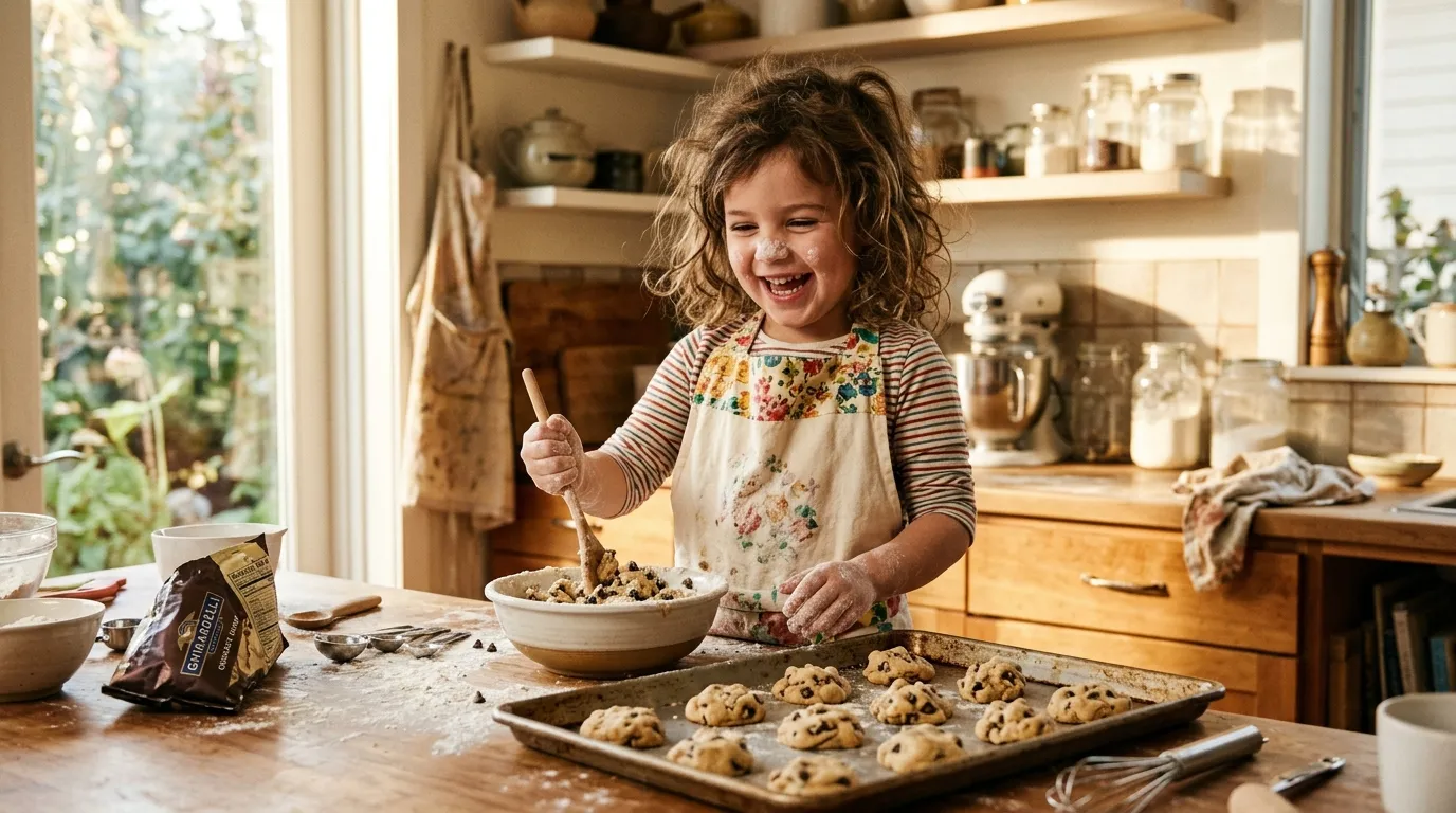 A 5-year-old girl baking chocolate chip cookies in a sunny kitchen