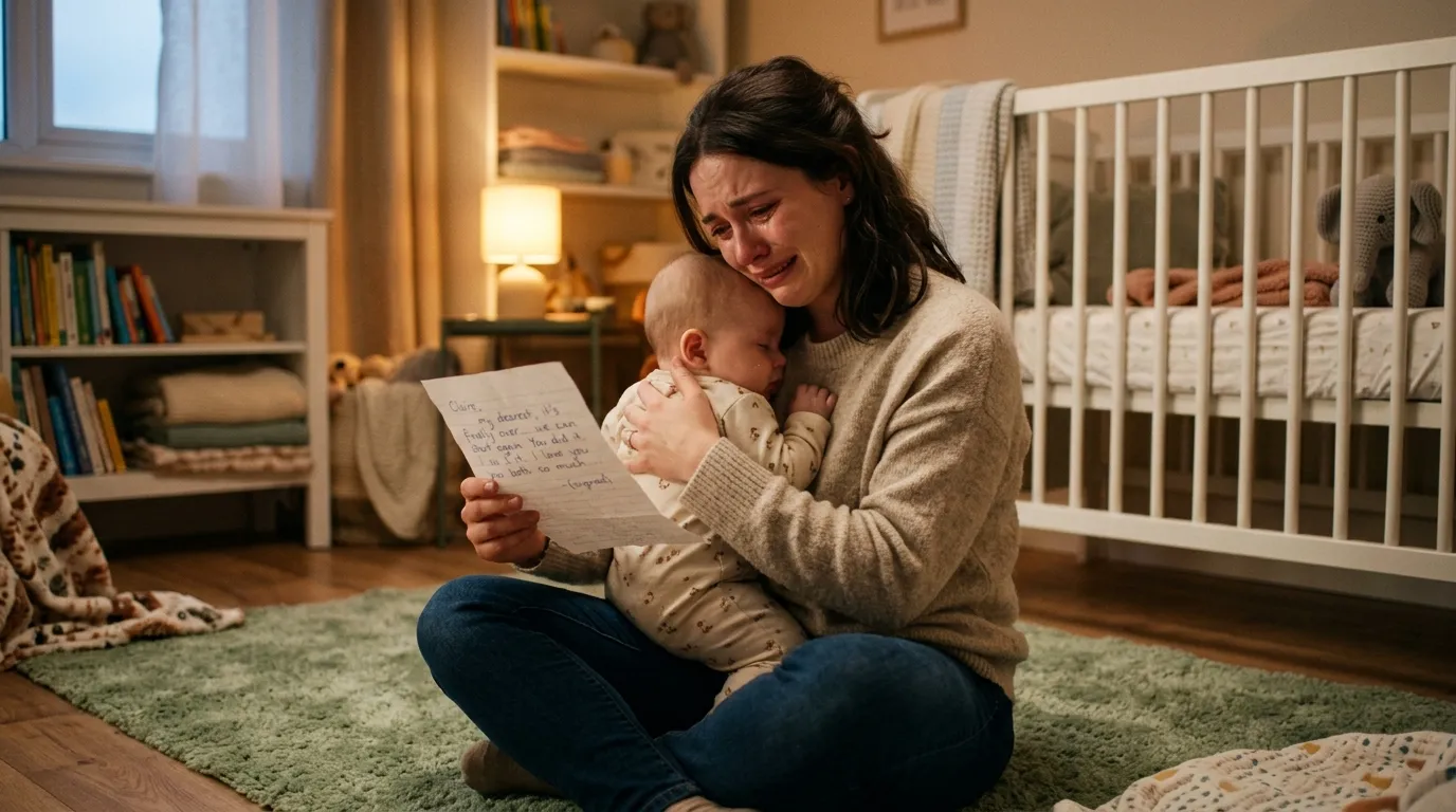 Mother sitting on the nursery floor reading a letter and crying tears of relief
