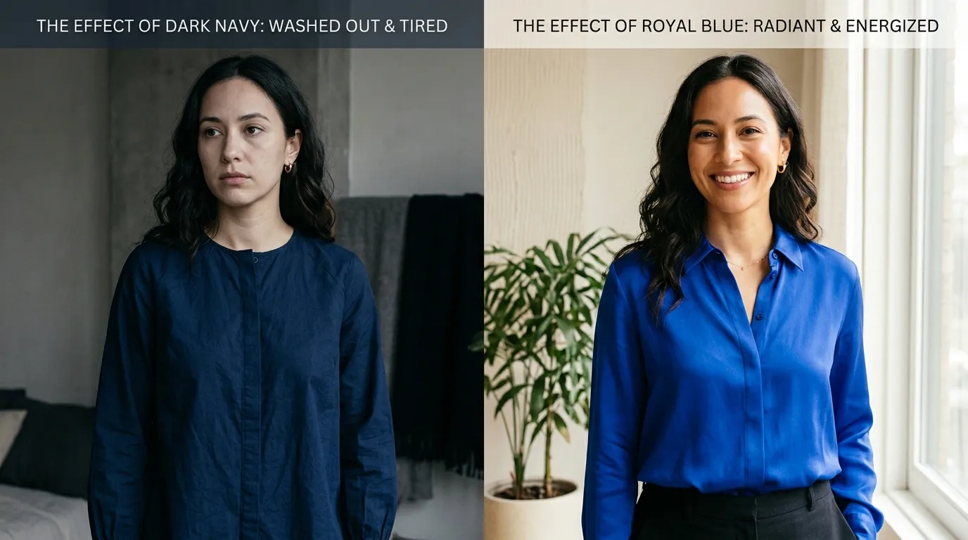 A side-by-side comparison of dark navy clothing and vibrant royal blue clothing on a model.