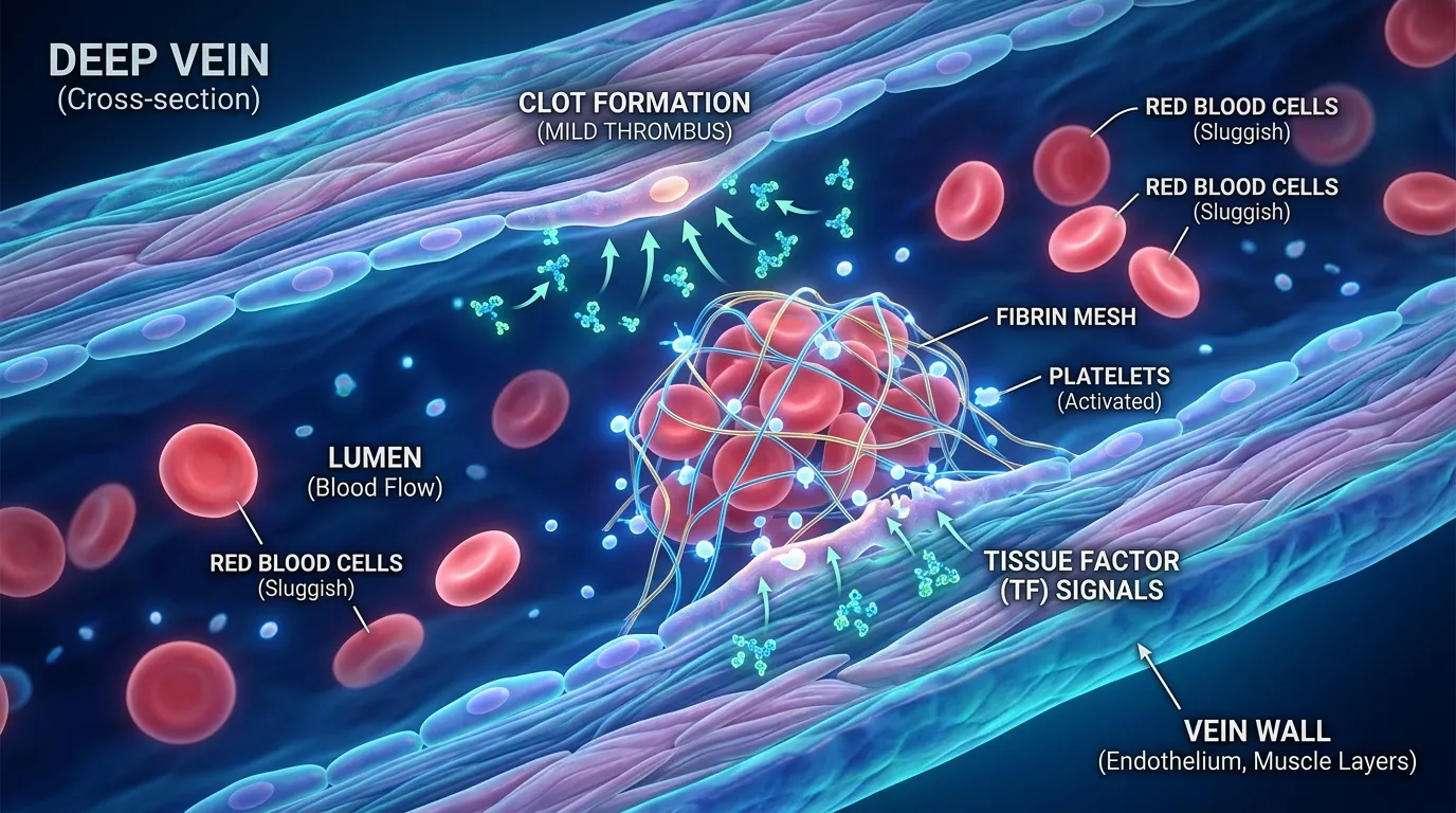 Educational rendering of a blood clot forming in a deep vein due to protein signals.