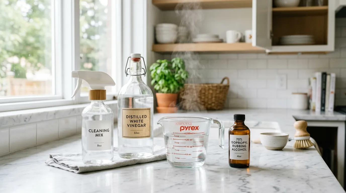 Spray bottle, white vinegar, hot water, and rubbing alcohol on a kitchen counter