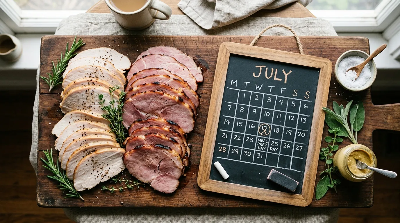 Freshly sliced turkey and ham on a cutting board next to a calendar