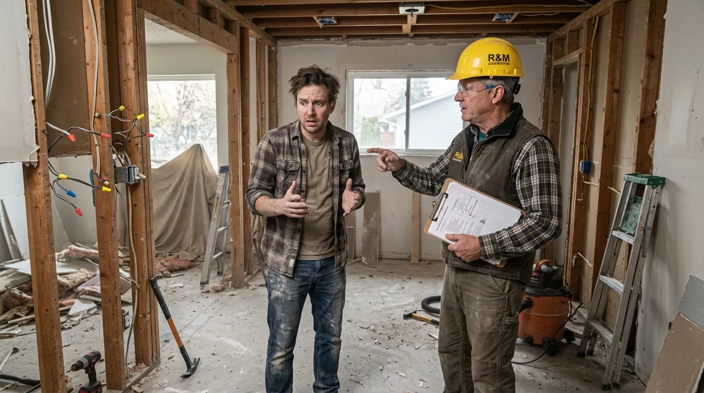 A completely gutted kitchen with exposed framing and a stressed husband talking to a contractor