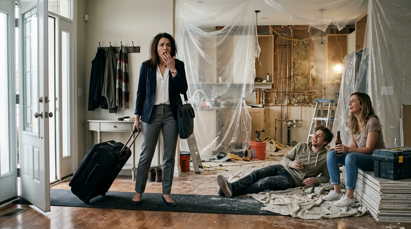 Vanessa standing in shock as she looks at her demolished kitchen with her sister lounging nearby.