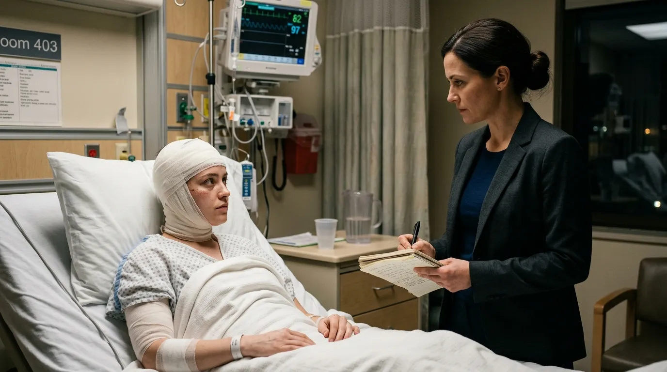 Determined patient in hospital bed looking at a female detective