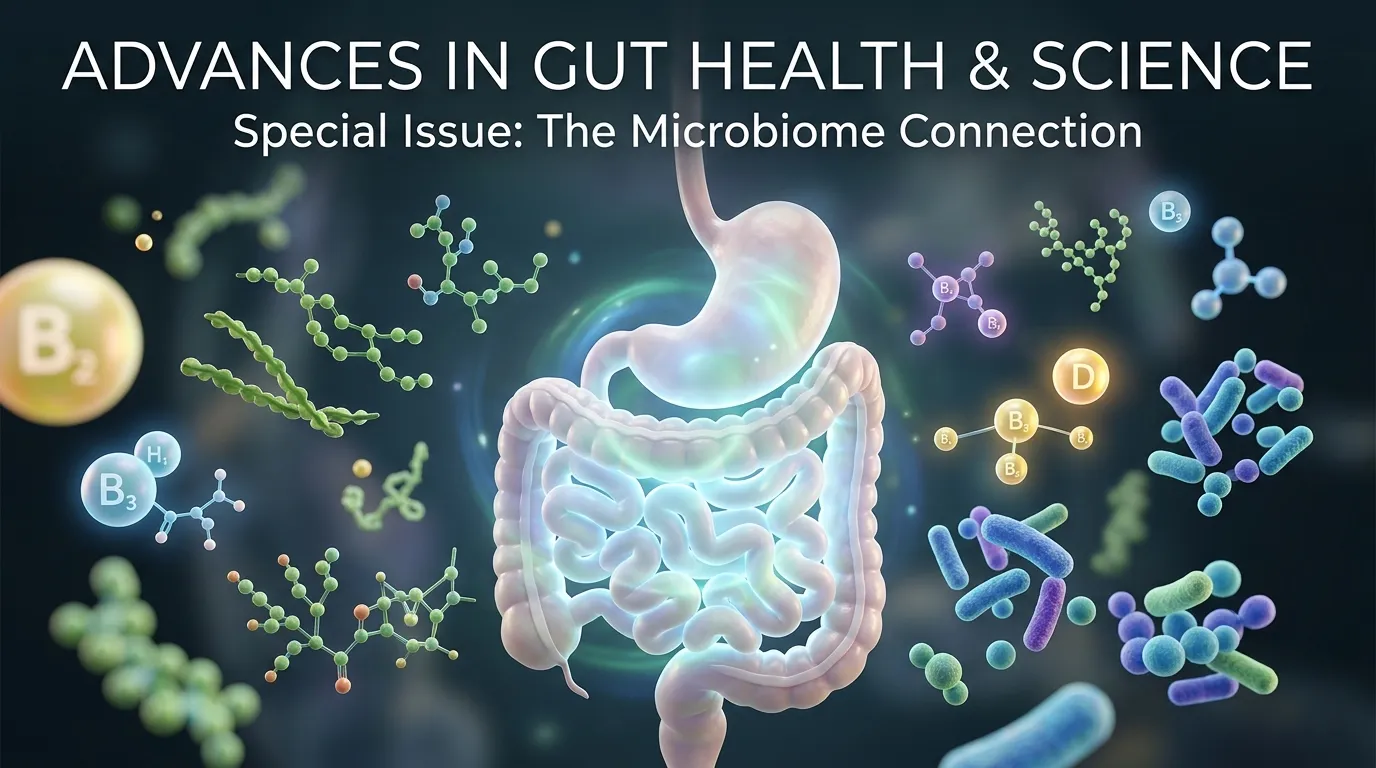 A conceptual glowing 3D illustration of a healthy human digestive tract surrounded by floating vitamins and fiber.