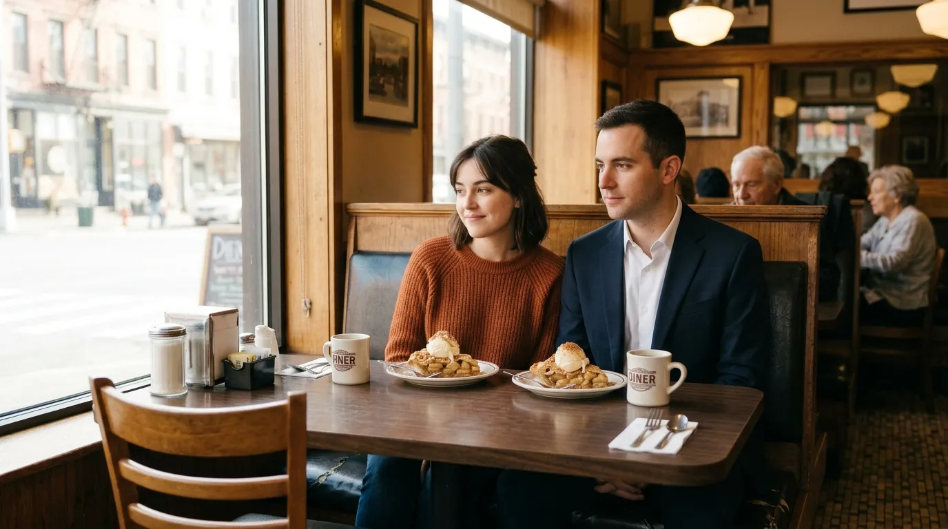 Two people sitting at a diner table with an empty chair and three slices of pie