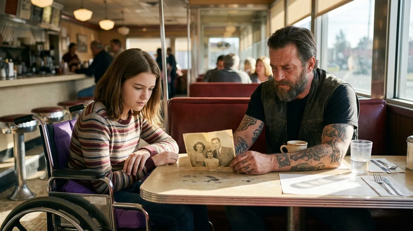 A teenage girl in a wheelchair sits across from a tattooed man at a brightly lit diner table.