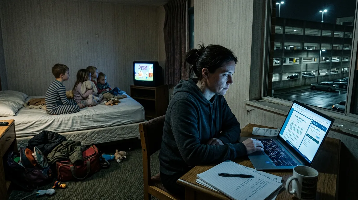 Determined mother sitting at a laptop in a dark hotel room while her kids watch TV.