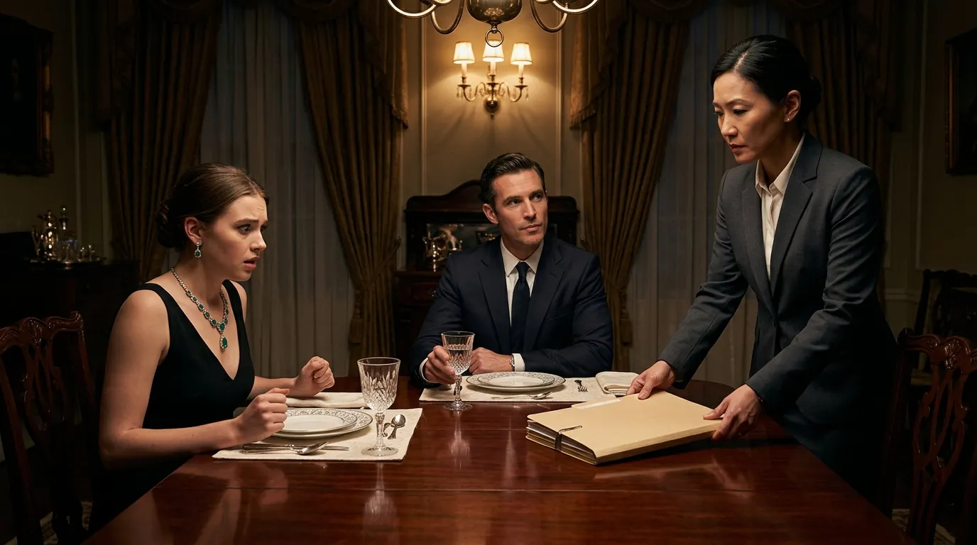 A tense dinner party where a wealthy young woman in an emerald necklace looks panicked as a lawyer places a folder on the table.