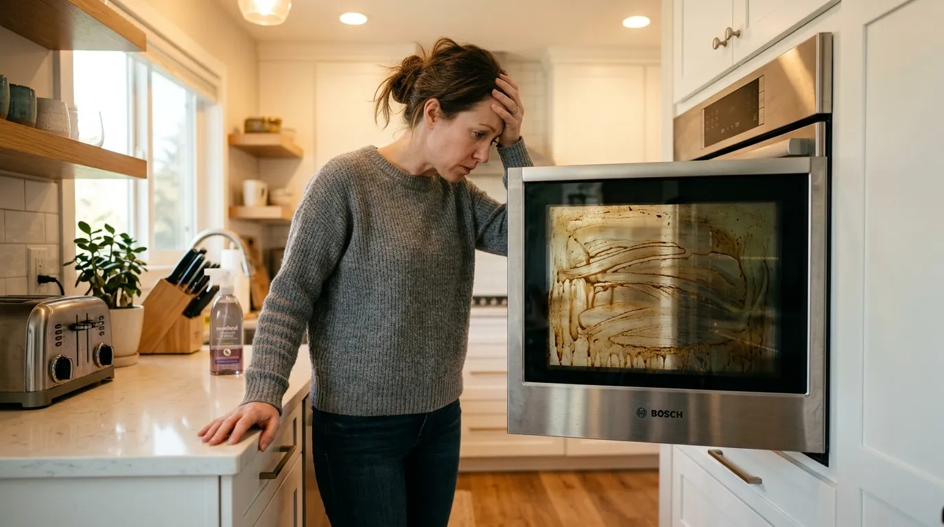 A homeowner looking frustrated at grease trapped between the glass panels of an oven door