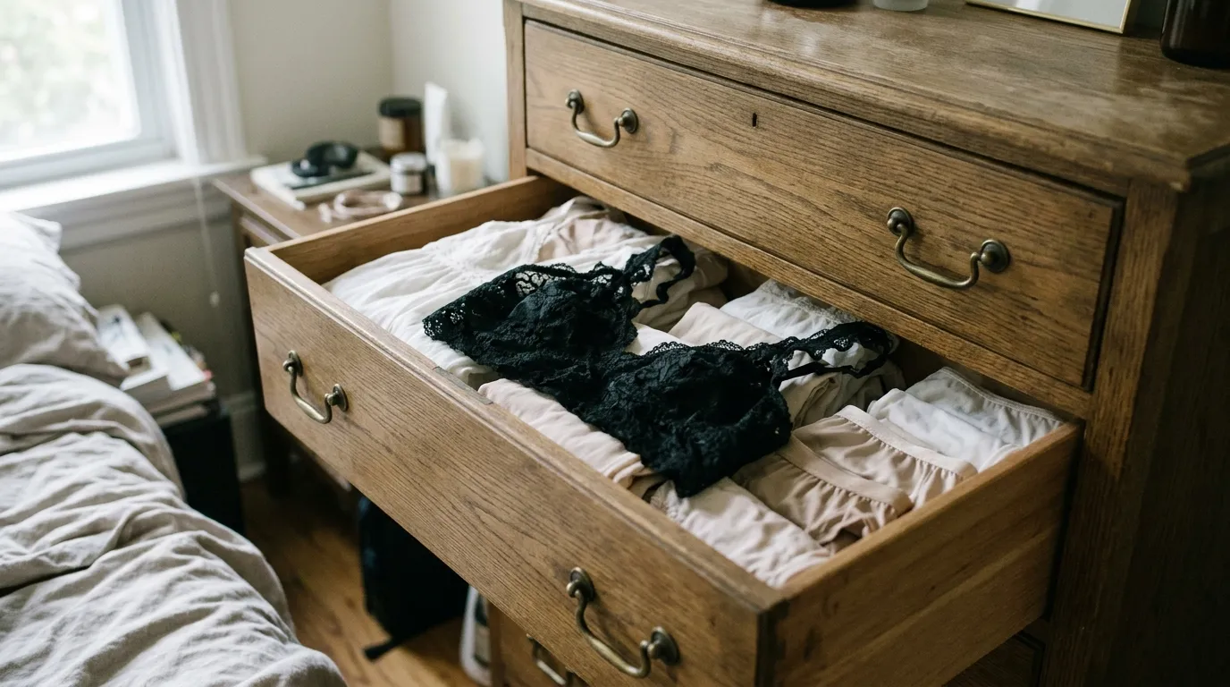 A neatly organized bedroom drawer with a single piece of clothing sitting out of place on top.