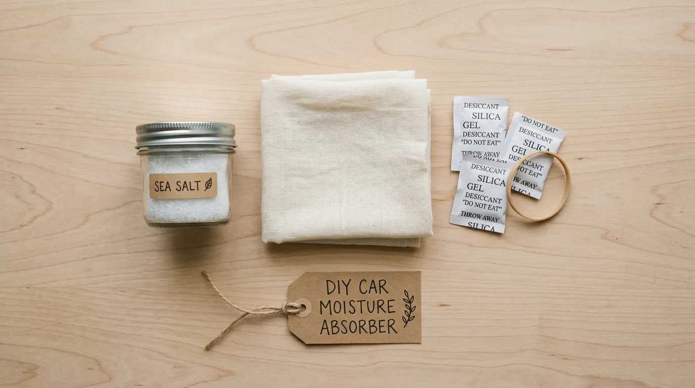 Flat lay of salt, a breathable fabric cover, rubber bands, and silica packets
