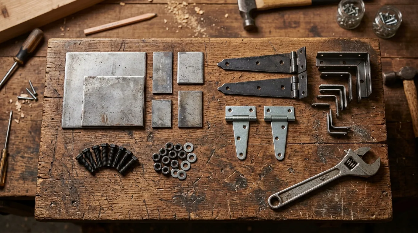 A neat arrangement of bolts, nuts, steel plates, and an adjustable wrench on a wooden workbench.