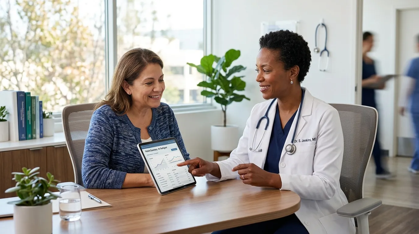 Doctor having a consultative conversation with a patient in an exam room