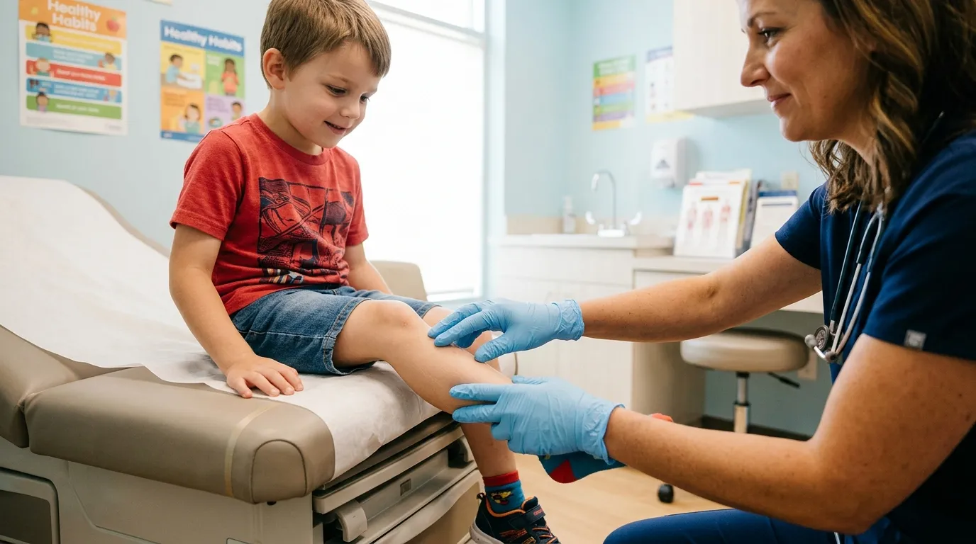 A doctor examining the boy's leg in a medical clinic.