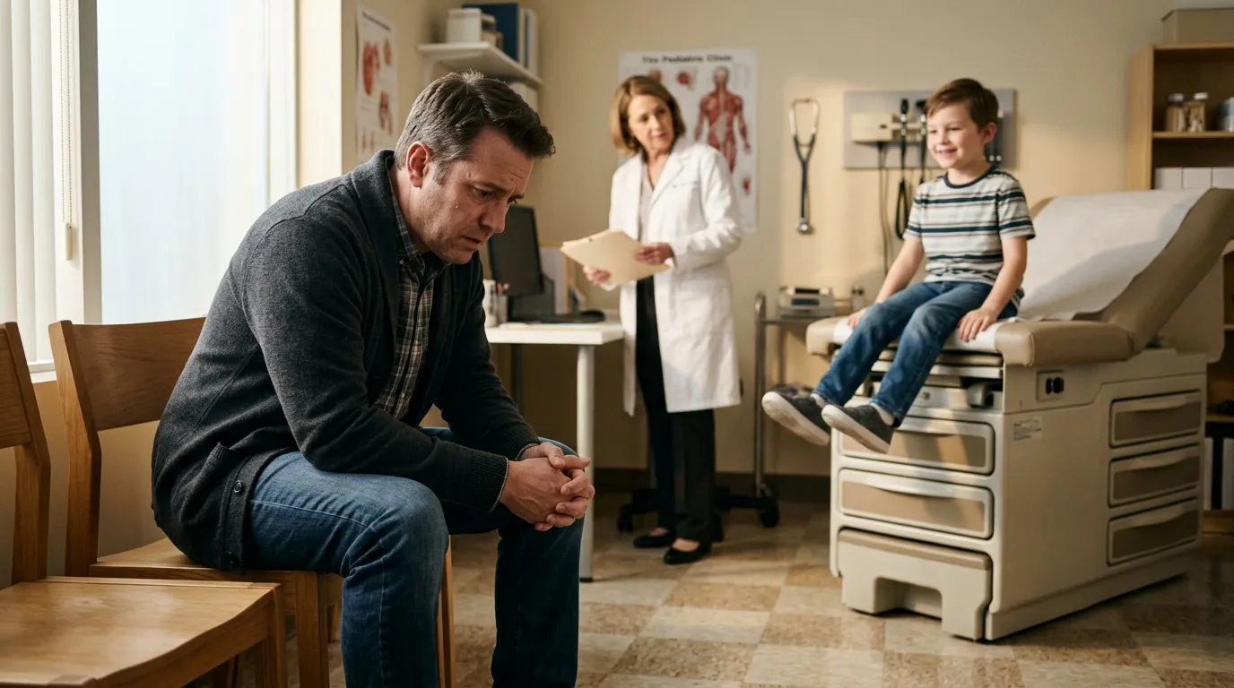 Father looking shocked in a doctor's office while his young son sits on the exam table