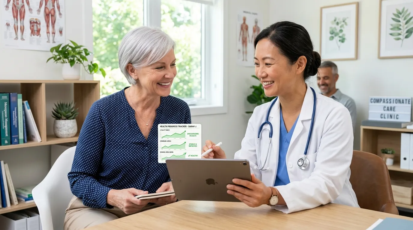 Compassionate doctor showing positive test results to a patient on a tablet.