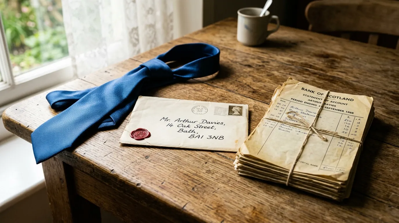 A blue tie, an old letter, and bank statements resting on a wooden kitchen table