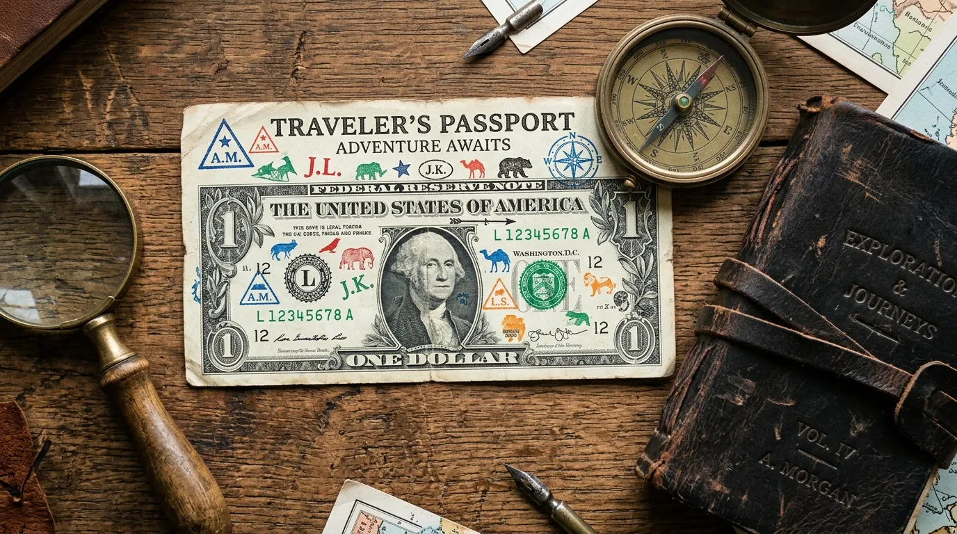 Conceptual image of a U.S. dollar bill covered in various colorful stamps, lying next to a compass and travel journal.