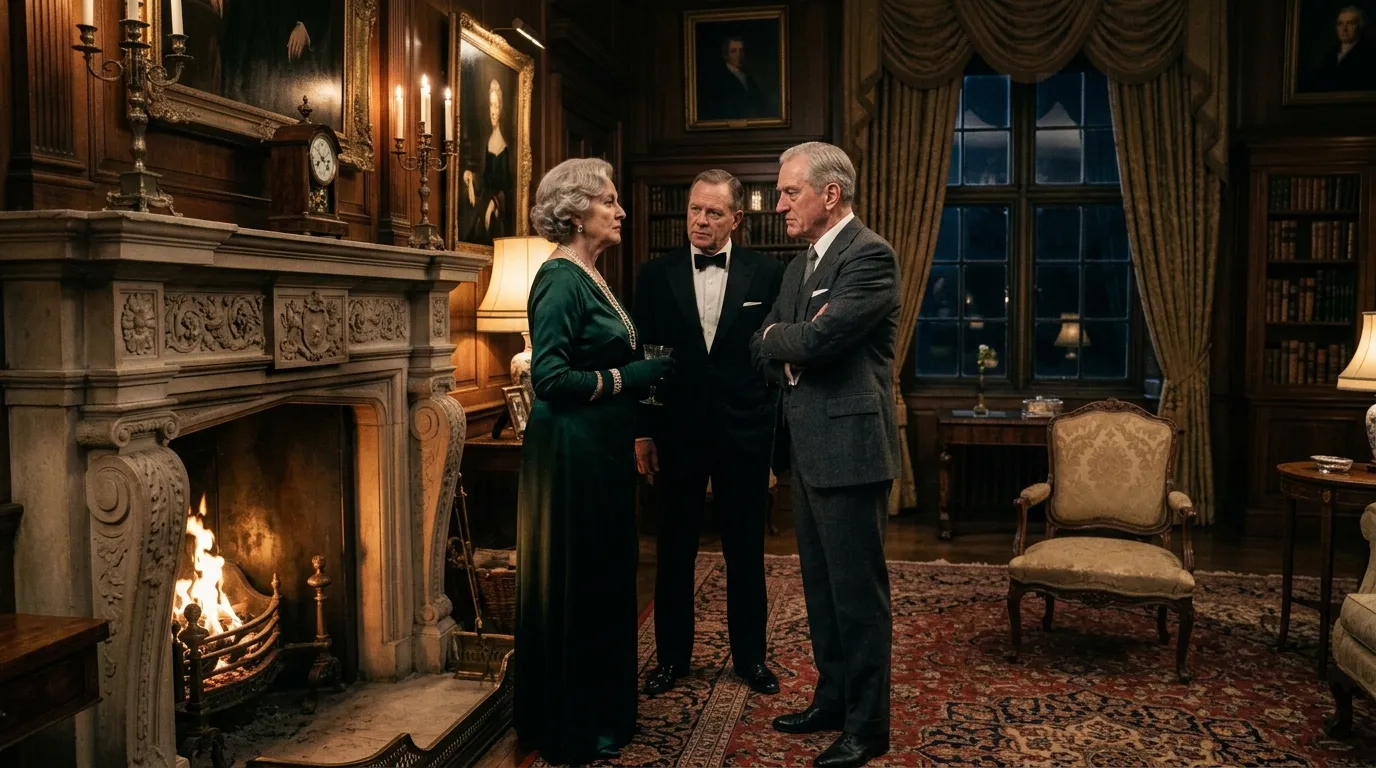 Beatrice standing confidently in the drawing room being confronted by Raymond