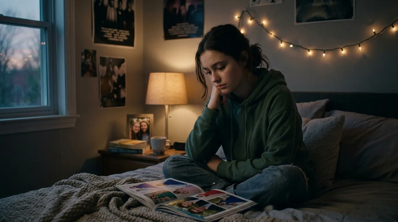 A sad teenage girl sitting on her bed looking at a prom magazine