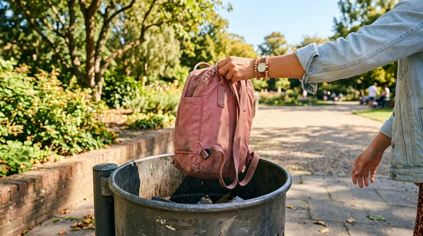 A woman dropping a pink backpack into an outdoor trash can.