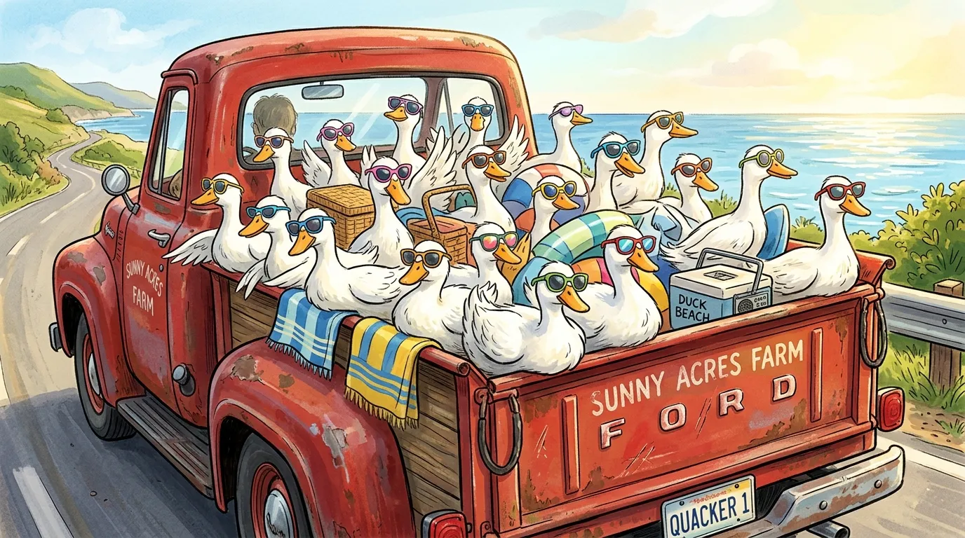 Flock of white ducks in a truck bed wearing tiny colorful sunglasses