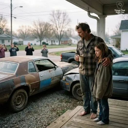 A barefoot father and his seven-year-old daughter standing on a wooden porch looking at twelve broken down cars dumped in their rural gravel driveway.
