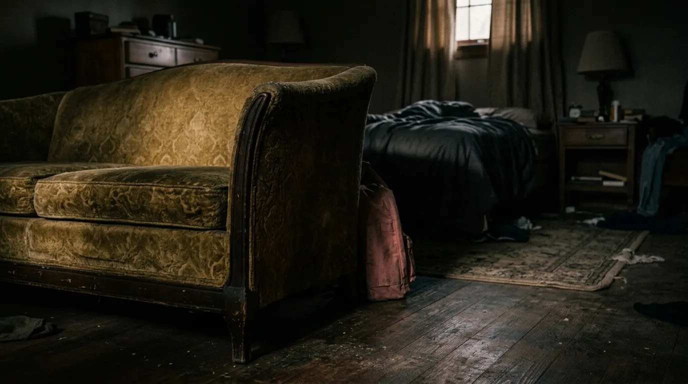 A dusty pink backpack hidden behind a vintage couch in a dimly lit room.
