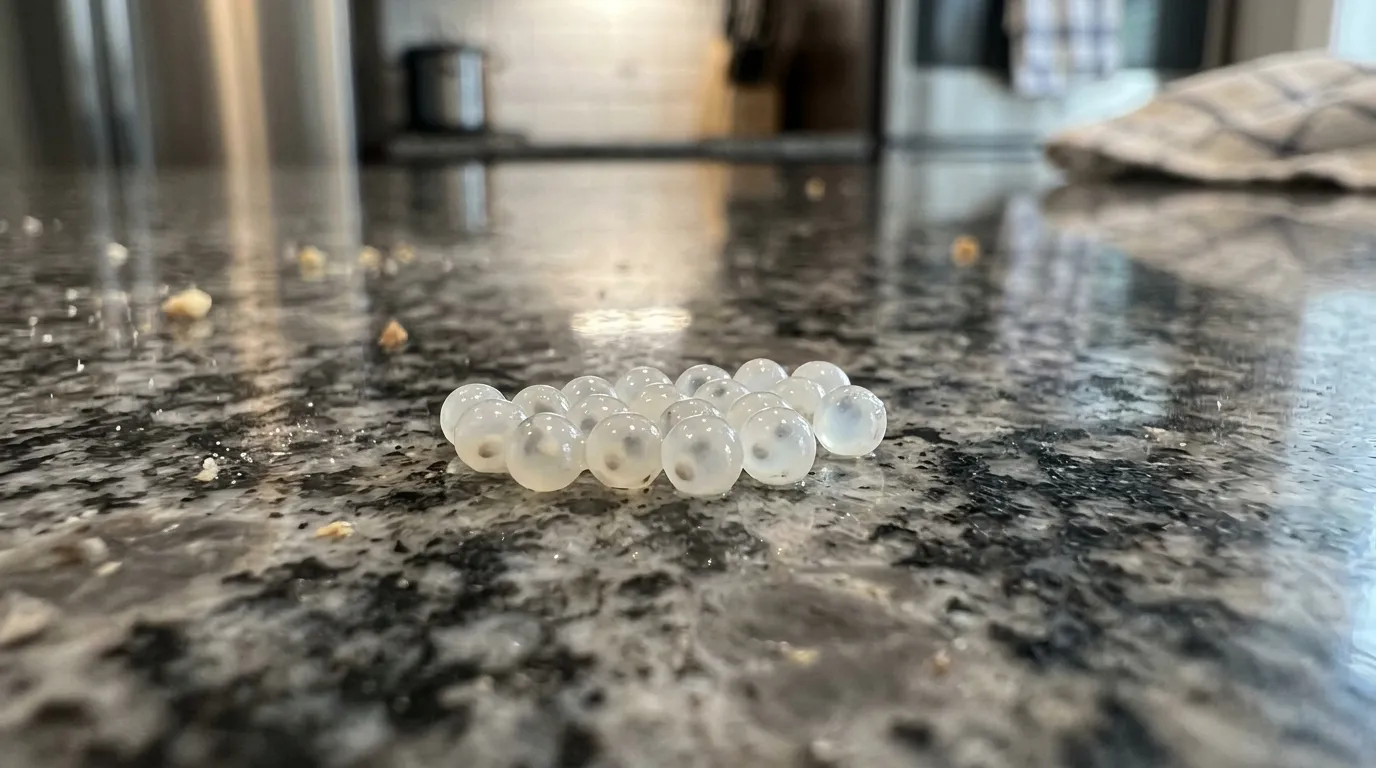 Tiny white eggs resting under a bright kitchen light showing dark specks inside