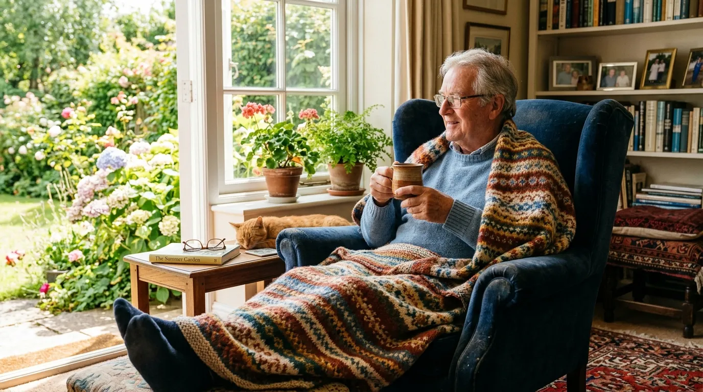 An elderly person sitting in a chair wrapped in a cozy blanket holding a warm mug