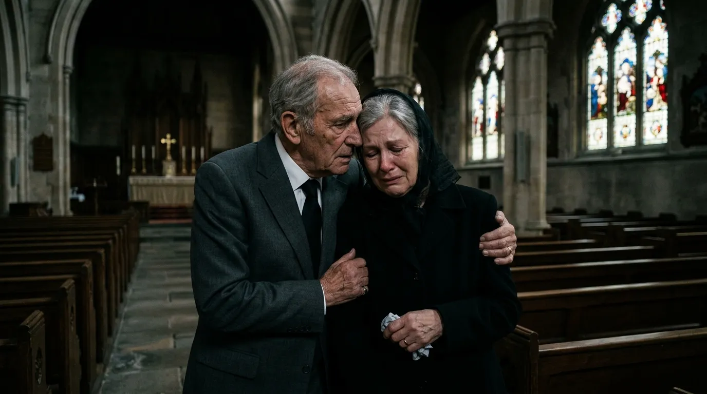 An elderly man whispering a secret to a woman inside a church after a funeral