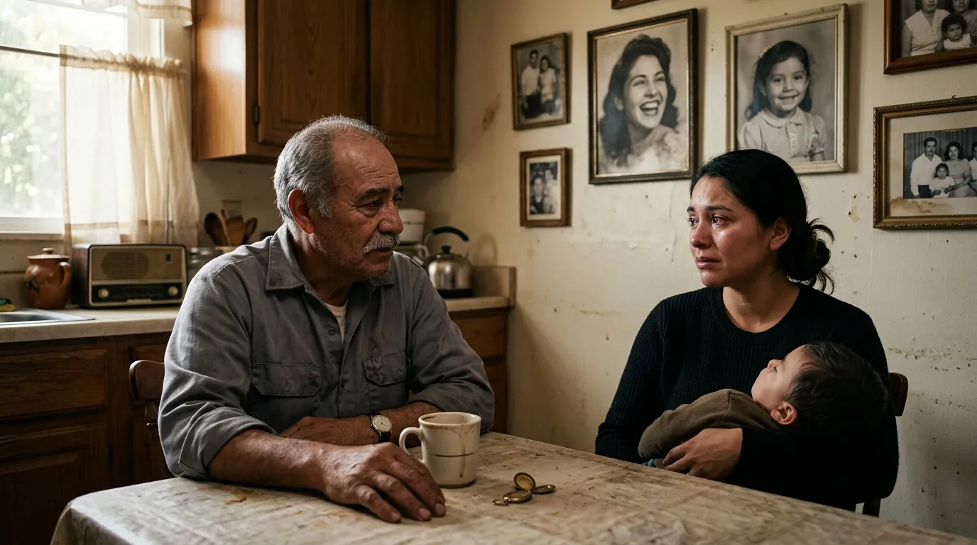 An elderly man sitting at a kitchen table talking to a young mother with photos on the wall