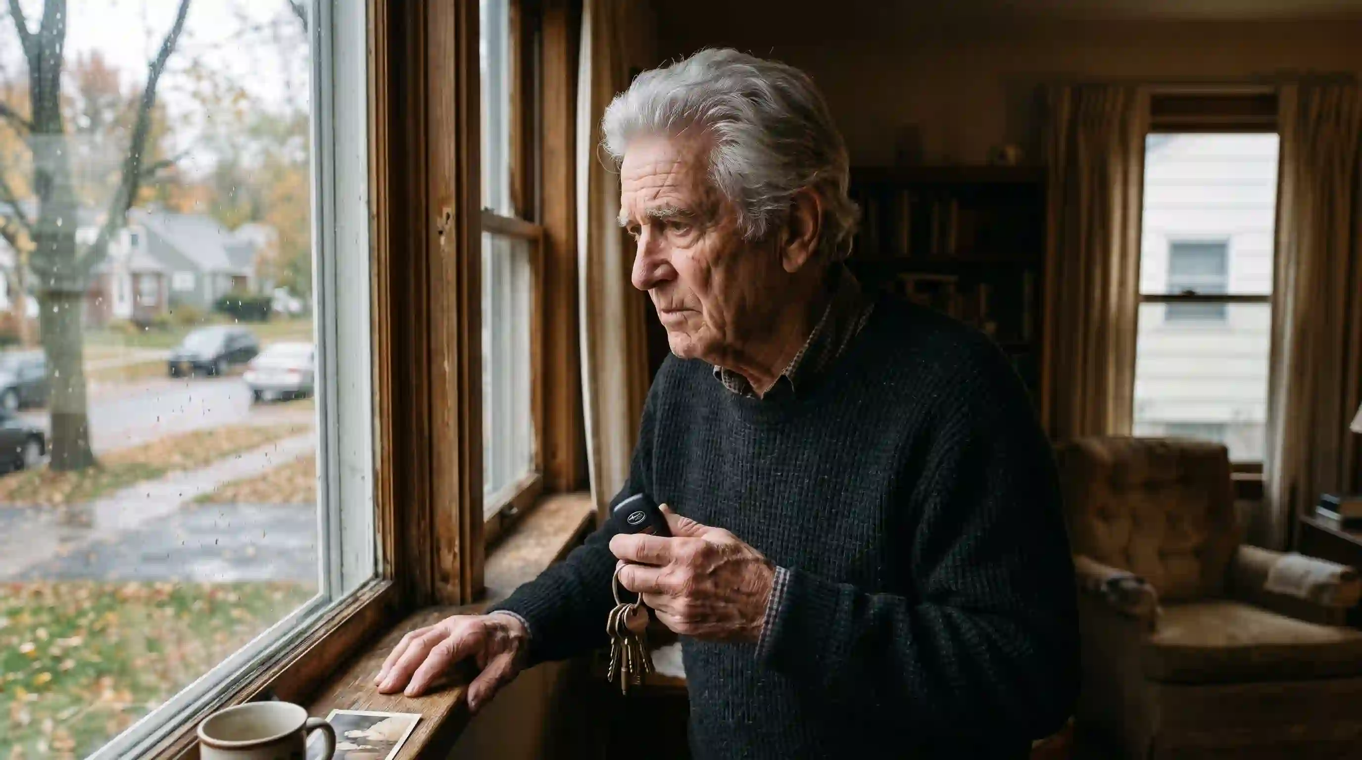 Elderly man looking out a window thoughtfully while holding car keys
