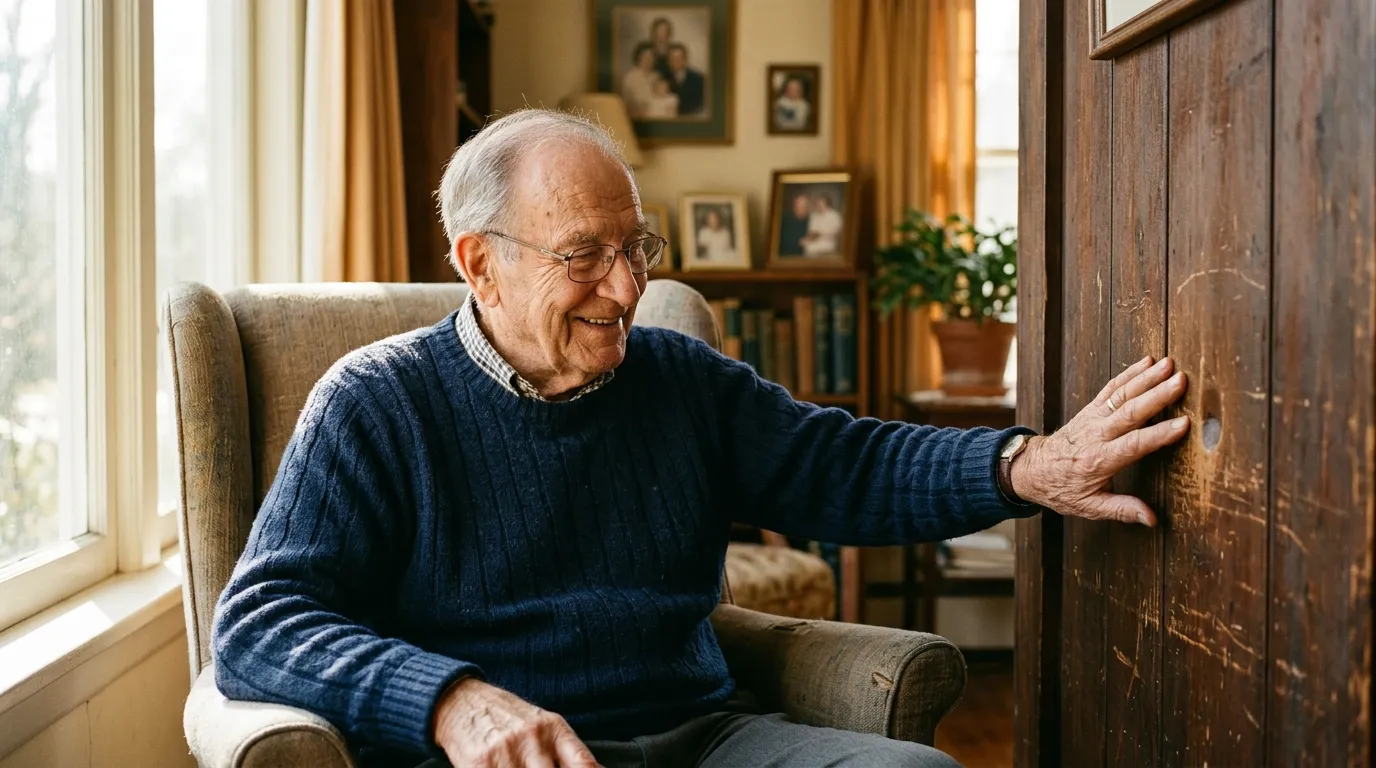 An elderly man touching a familiar dent in his hallway wall with a nostalgic smile