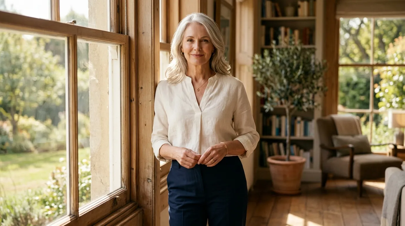 An elegant woman in her late 50s standing tall with relaxed shoulders by a sunlit window
