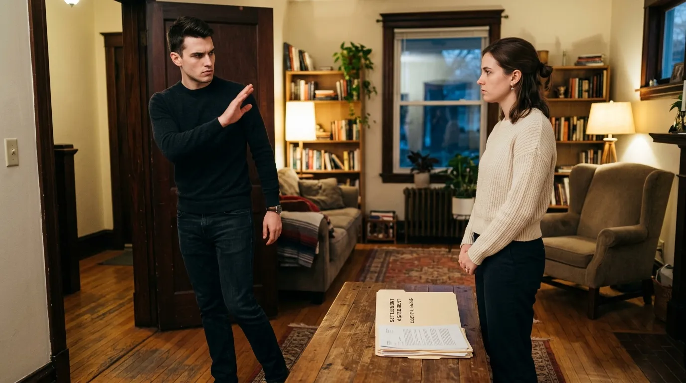 A tense argument between a young woman and her fiancé