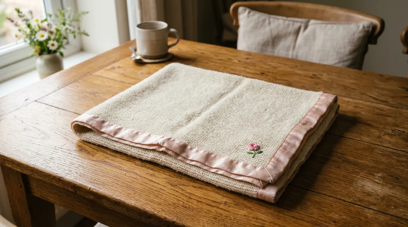 Folded cream baby blanket with a tiny embroidered rose