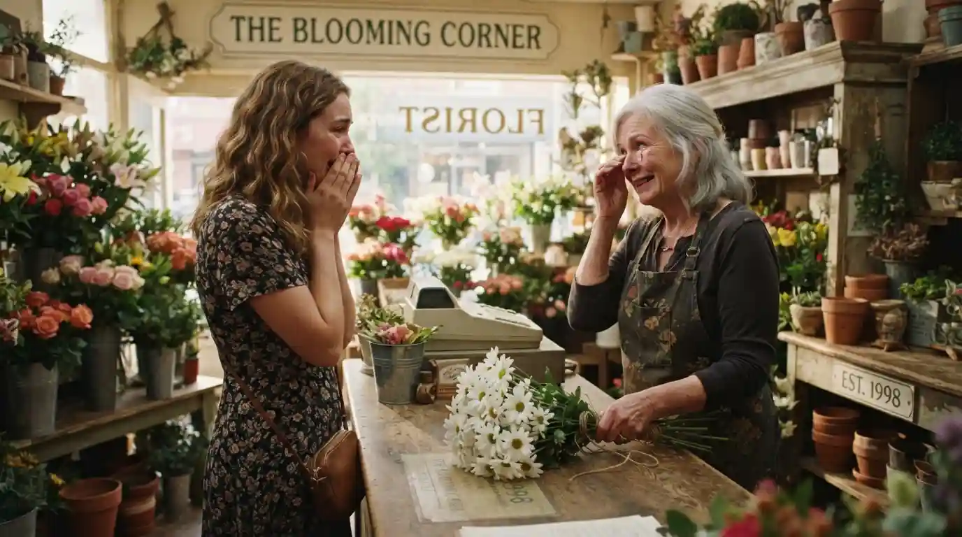 Tearful reunion between a 22 year old woman and a 60 year old silver haired florist inside a flower shop
