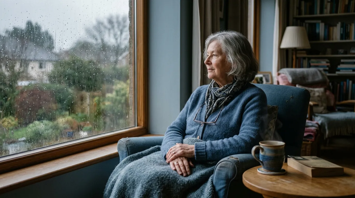 An older woman sitting pensively by a rainy window with a cup of tea