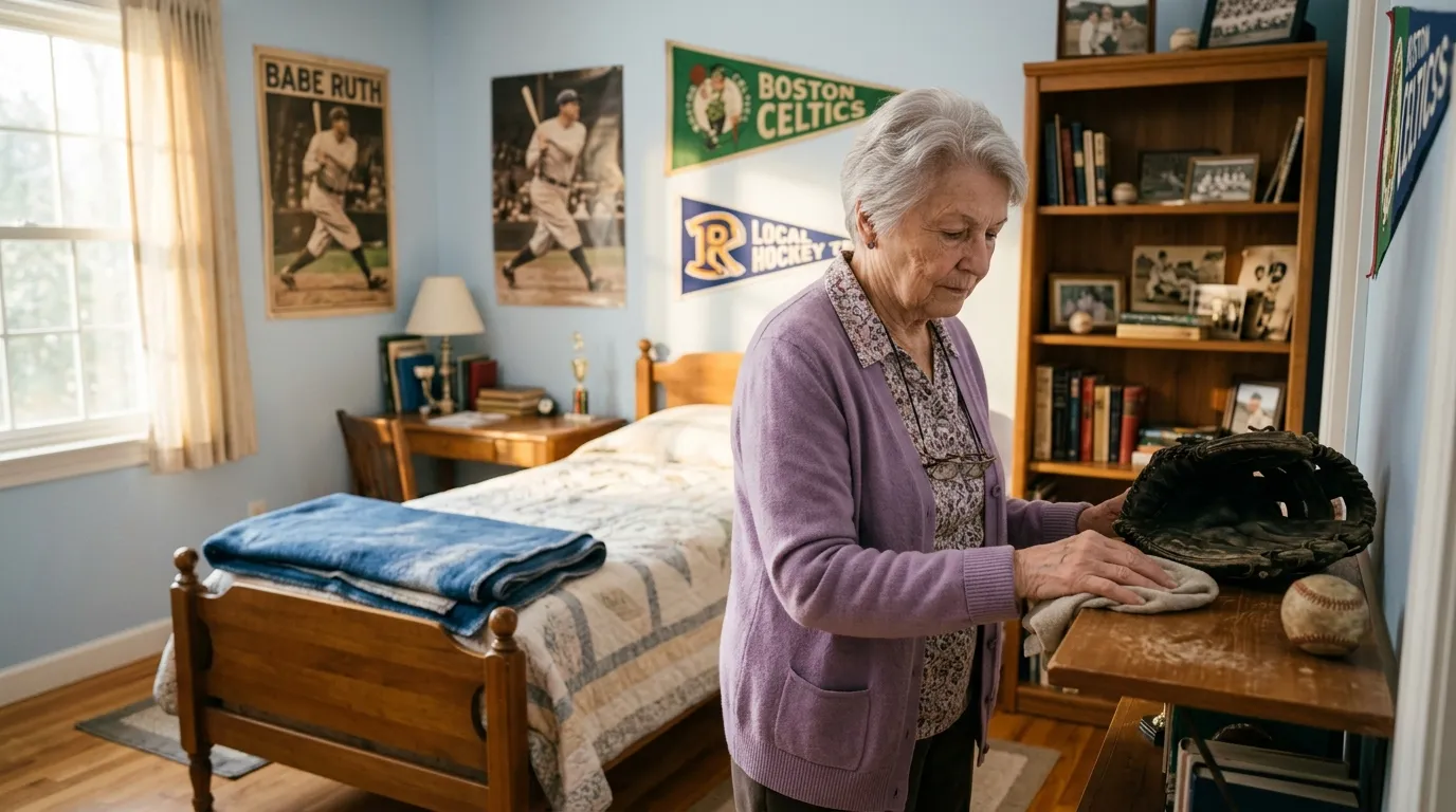 Grandmother dusting a shelf in an empty boy's bedroom