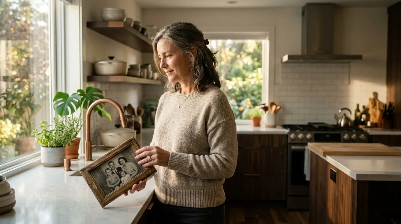 A woman standing thoughtfully in a quiet, sunlit modern kitchen holding a picture frame.