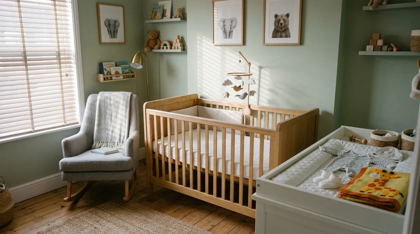 Sunlight filtering into an empty baby nursery with an untouched crib