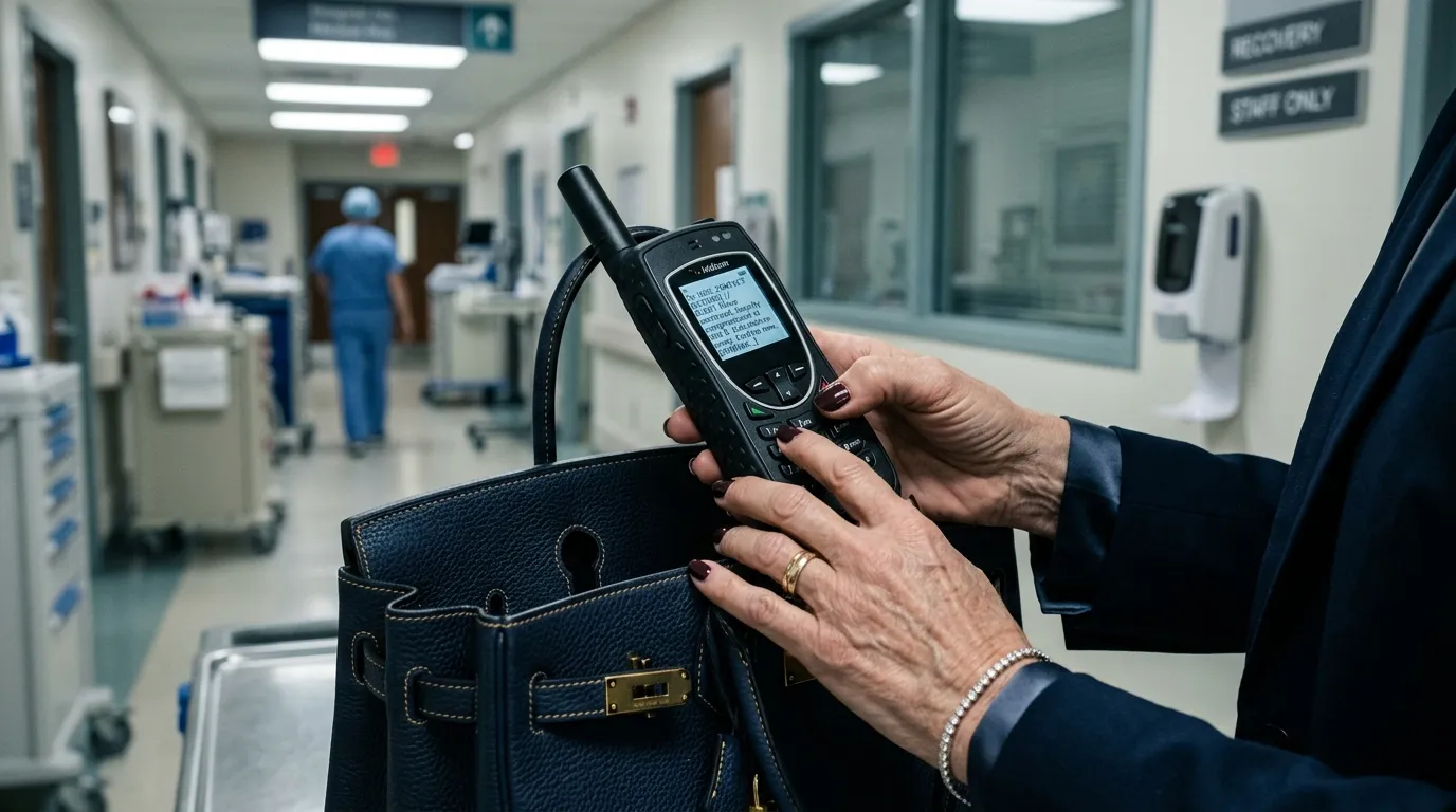 Elegant hands typing on a heavily encrypted matte-black satellite phone