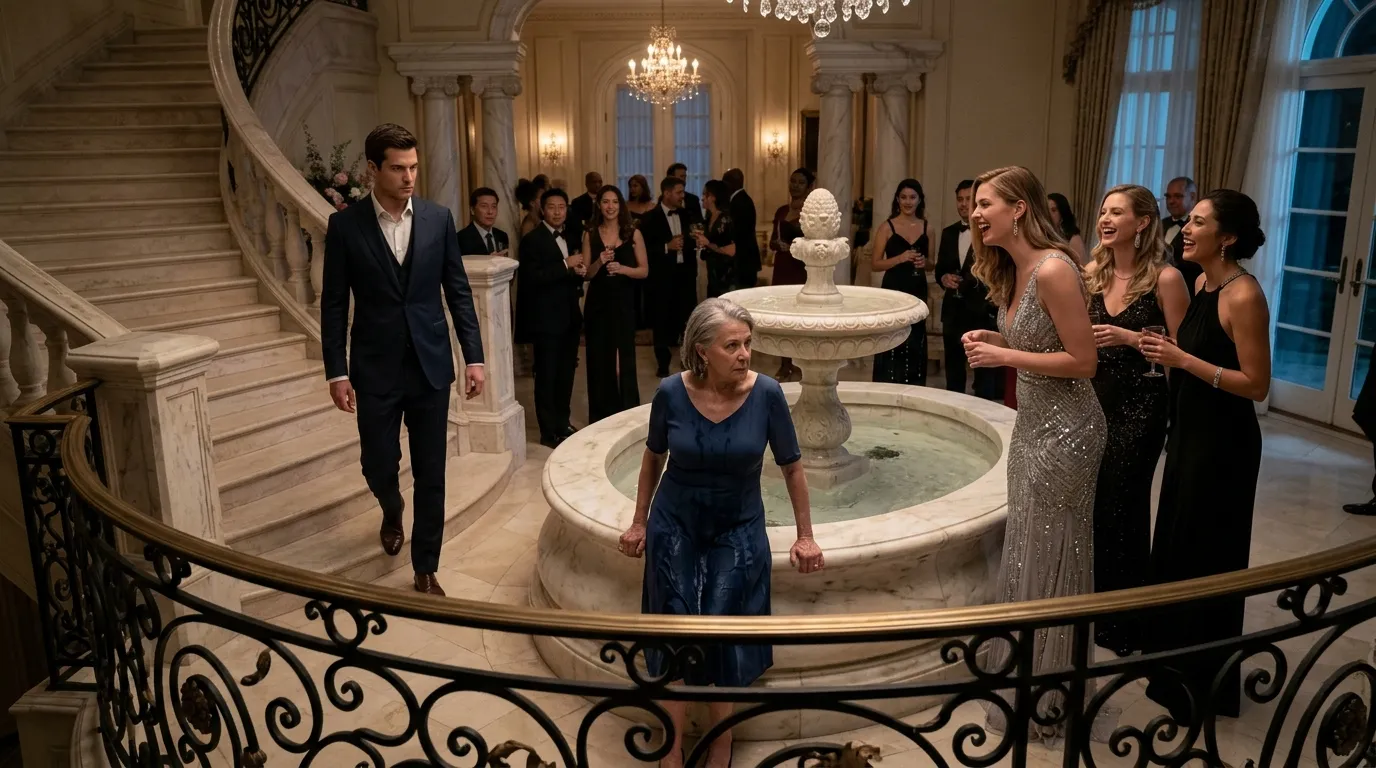 A wealthy woman in a silver gown laughing at an older woman in a wet blue dress inside a marble fountain.